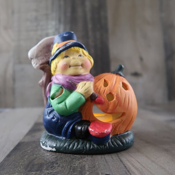 Halloween Ceramic Tealight Candle Holder Little Boy Carving Pumpkin JackOLantern - Picture 8 of 8